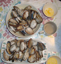 Steamed Clams with melted butter and clam broth for two
